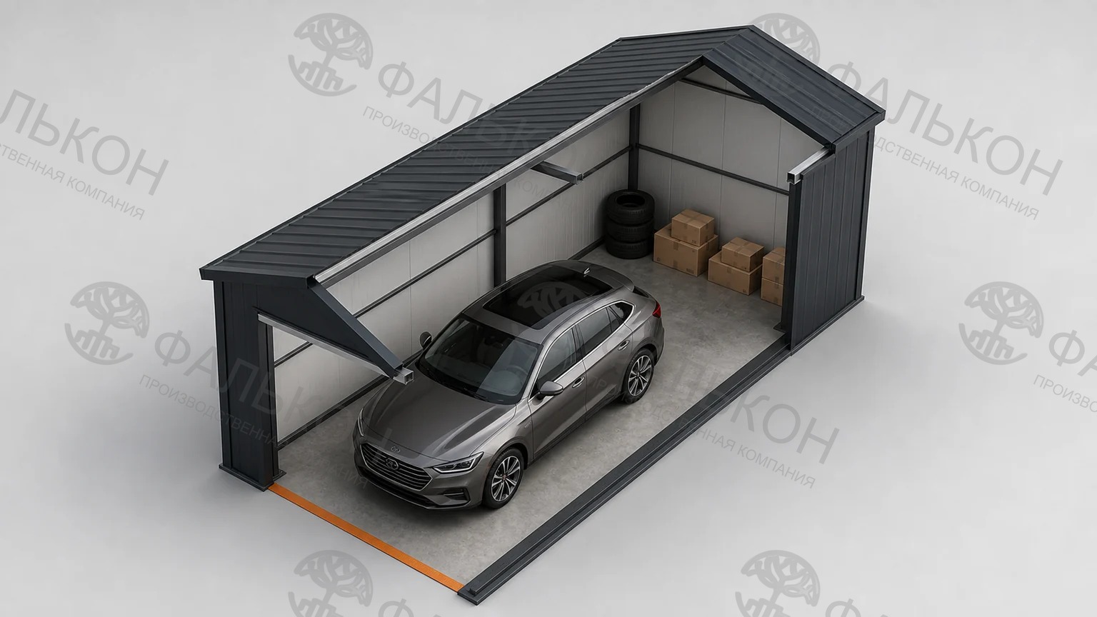 Гараж 4×8 м с автомобилем и хранением, проектная визуализация Falcon