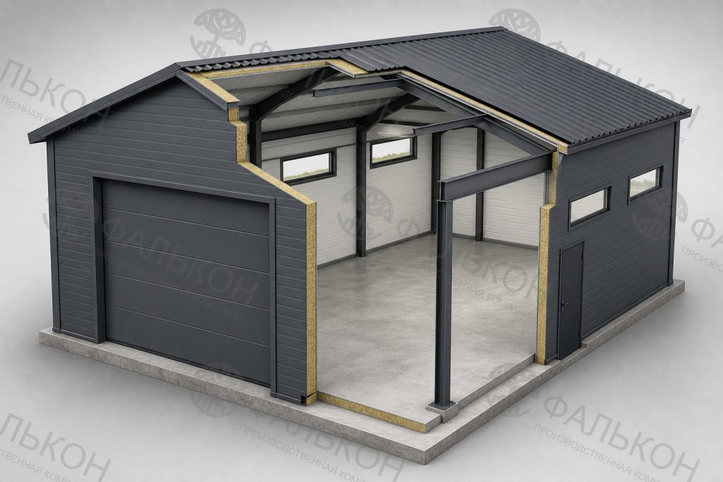 Гараж 6×8 м, концептуальный разрез, проектная визуализация