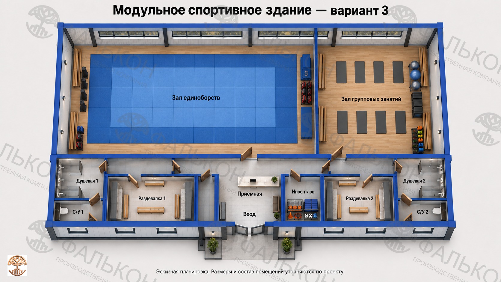 Эскизная планировка: два зала для секций